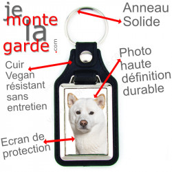 Porte-clés en cuir vegan et support métal, avec la photo de votre Akita Inu Japonais entièrement blanc, idée cadeau porte clés