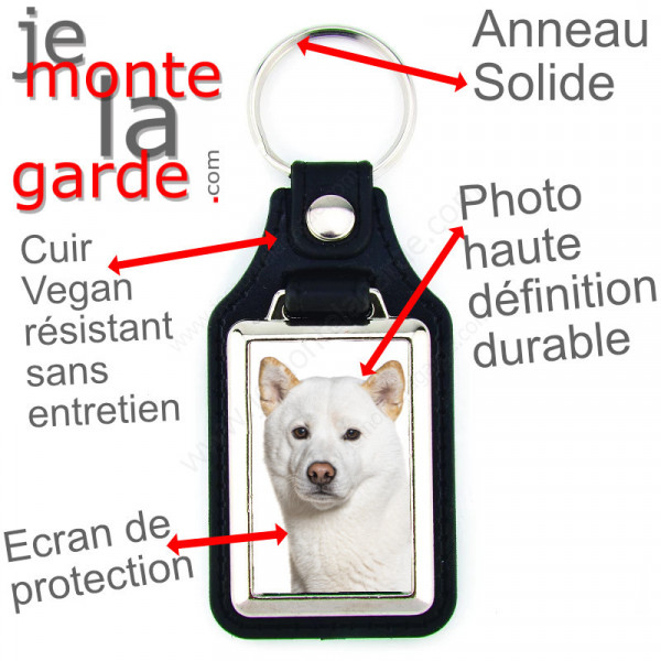 Porte-clés en cuir vegan et support métal, avec la photo de votre Akita Inu Japonais entièrement blanc, idée cadeau porte clés