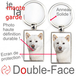 Porte-Clefs métallique double face photo Akita Inu Japonais tout blanc, idée cadeau porte clés fer acier