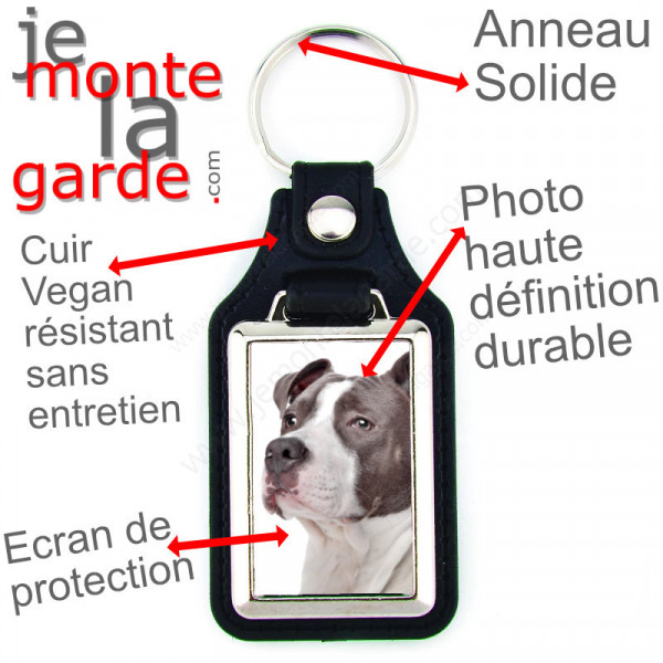 Porte-clés en cuir vegan et support en métal, avec la photo de votre Amstaff gris bleu, idée cadeau porte clés American Staff