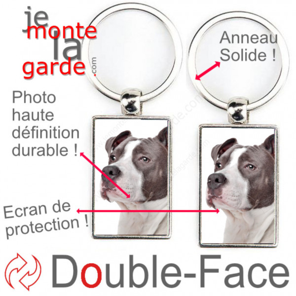 Porte-Clefs métallique double face photo Amstaff gris bleu, idée cadeau porte clés fer acier American Staff