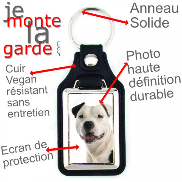 Porte-clés en cuir vegan et support métal, avec la photo de votre Amstaff blanc et noir, idée cadeau porte clés American Staff