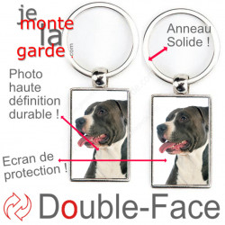 Porte-Clefs métallique double face photo Amstaff noir et blanc, idée cadeau porte clés fer acier American Staff