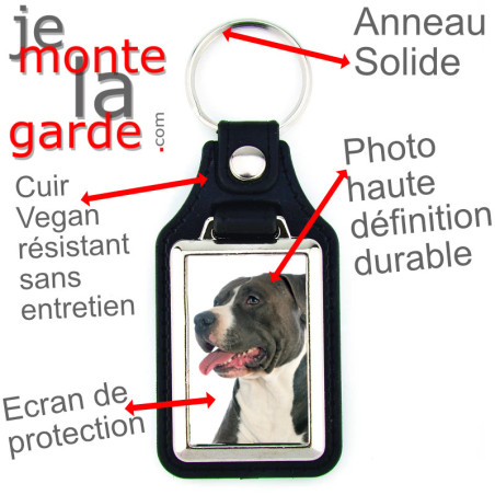 Porte-Clefs cuir vegan, photo Amstaff noir et blanc Porte-Clefs cuir vegan, photo Amstaff noir et blanc