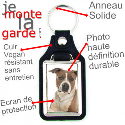 Porte-Clefs cuir vegan, photo Amstaff fauve et blanc