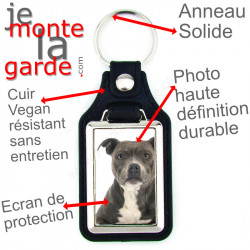 Porte-clés en cuir vegan et support en métal, avec la photo de votre Amstaff gris bleu, idée cadeau porte clés American Staff