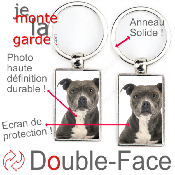 Porte-Clefs métallique double face photo Amstaff gris bleu, idée cadeau porte clés fer acier American Staff bringé brun