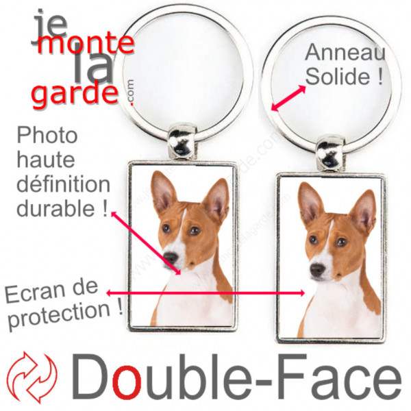 Porte-Clefs métallique double face photo Basenji fauve, idée cadeau porte clés fer acier Bassenji marron orange