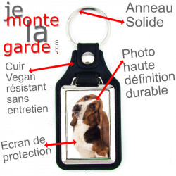 Porte-clés en cuir vegan et support en métal, avec la photo de votre Basset Hound, idée cadeau porte clés Hund