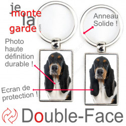 Porte-Clefs métallique double face photo Basset Hound tricolore, idée cadeau porte clés fer acier Hund