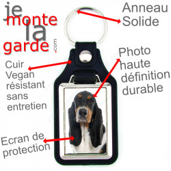 Porte-clés en cuir vegan et support en métal, avec la photo de votre Basset Hound tricolore, idée cadeau porte clés Hund