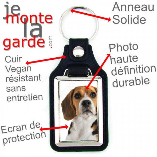 Porte-clés en cuir vegan et support en métal, avec la photo de votre Beagle tricolore, idée cadeau porte clés