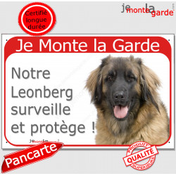 Leonberg tête, Plaque portail rouge "Je Monte la Garde, surveille protège" pancarte attention au chien panneau photo