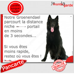 Berger Belge Groenendael, plaque humour "parcourt Distance Niche - Portail moins de 3 secondes" pancarte attention au chien
