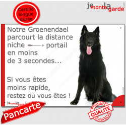 Berger Belge Groenendael, plaque humour "parcourt Distance Niche - Portail moins de 3 secondes" pancarte attention au chien