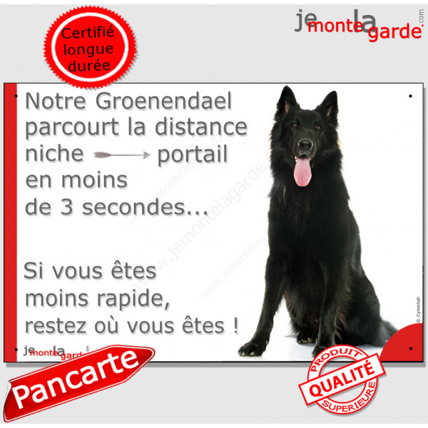 Berger Belge Groenendael, plaque humour "parcourt Distance Niche - Portail moins de 3 secondes" pancarte attention au chien