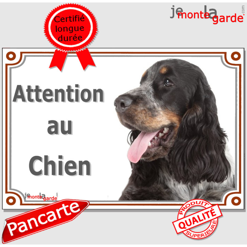 Cocker Anglais tricolore bleu roan et feu, plaque portail "Attention au Chien" photo, résiste pluie soleil gel, idée cadeau Cocker Anglais tricolore bleu roan et feu, plaque portail "Attention au Chien" photo, résiste pluie soleil gel, idée cadeau