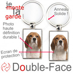 Porte-Clefs métallique double face photo Beagle blanc et fauve marron, idée cadeau porte clés fer acier