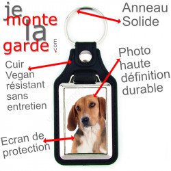 Porte-clés en cuir vegan et support en métal, avec la photo de votre Beagle Harrier tricolore, idée cadeau porte clés