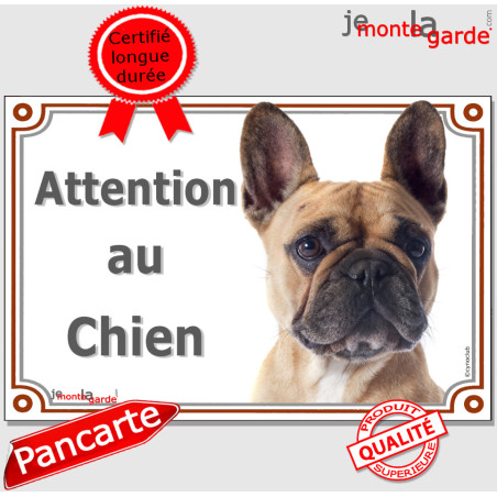 Bouledogue Français fauve Tête, plaque portail "Attention au Chien" photo bulldog beige sable, résiste pluie soleil gel, idée ca