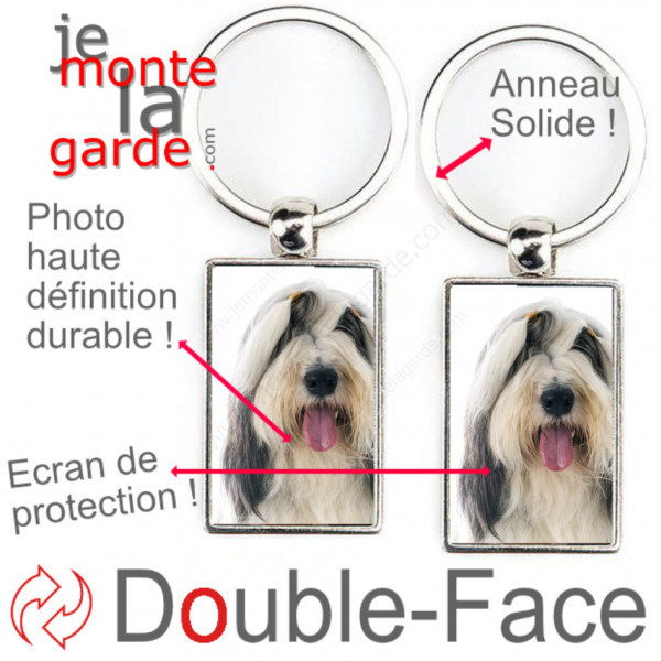 Porte-Clefs métallique double face photo Bearded Collie, idée cadeau porte clés fer acier Colly Barbu