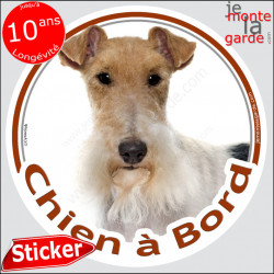 Fox-Terrier à poils durs Tête, Sticker autocollant rond "Chien à Bord" disque photo adhésif vitre voiture marron