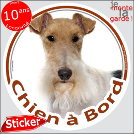 Fox-Terrier à poils durs Tête, Sticker autocollant rond "Chien à Bord" disque photo adhésif vitre voiture marron, résiste pluie 