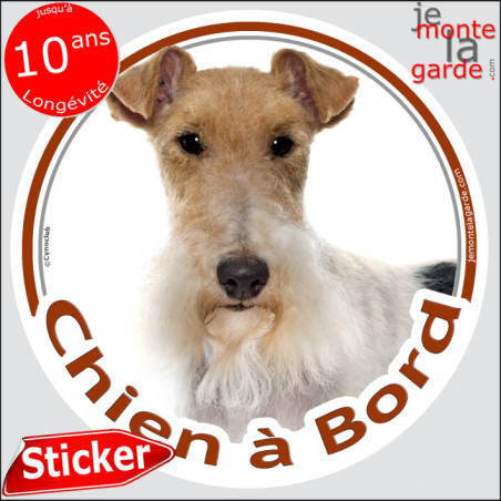 Fox-Terrier à poils durs Tête, Sticker autocollant rond "Chien à Bord" disque photo adhésif vitre voiture marron, résiste pluie 