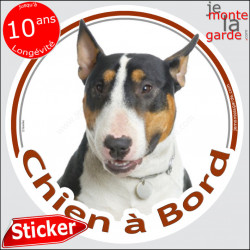 Bull Terrier tricolore Tête, sticker autocollant rond "Chien à Bord" Disque photo adhésif vitre voiture auto