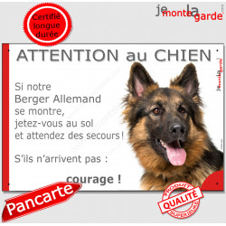 Berger Allemand Poils Longs, plaque portail humour "Attention au Chien, Jetez Vous au Sol, attendez secours, courage" photo