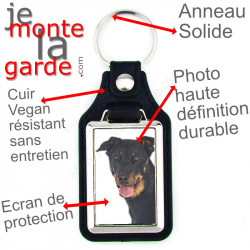 Porte-clés en cuir vegan et support en métal, avec photo du Beauceron, idée cadeau porte clés Berger de Beauce noir et feu