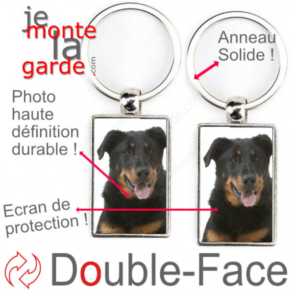 Porte-Clefs métallique double face photo Beauceron, idée cadeau porte clés fer acier Berger de Beauce noir et feu