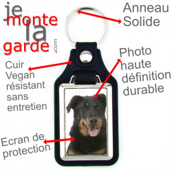 Porte-clés en cuir vegan et support en métal, avec photo du Beauceron, idée cadeau porte clés Berger de Beauce noir et feu