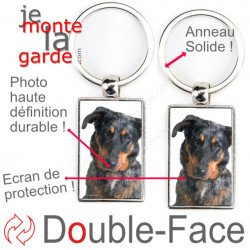 Porte-Clefs métallique double face photo Beauceron Arlequin, idée cadeau porte clés fer acier Berger de Beauce bleu merle