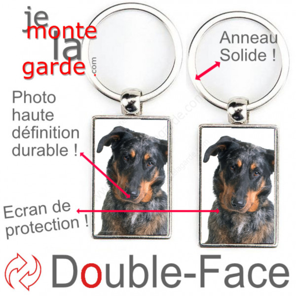 Porte-Clefs métallique double face photo Beauceron Arlequin, idée cadeau porte clés fer acier Berger de Beauce bleu merle