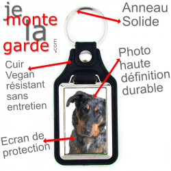 Porte-clés en cuir vegan et support métal, avec photo du Beauceron Arlequin, idée cadeau porte clés Berger de Beauce bleu merle