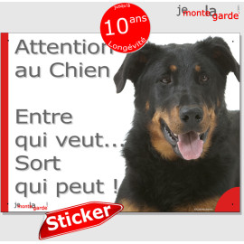 Beauceron noir et feu, sticker portail humour "Attention au Chien, Entre qui veut, sort qui peut !" photo pancarte autocollant B