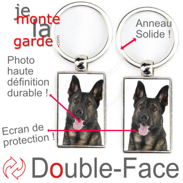 Porte-Clefs métallique double face photo Berger Allemand gris poils courts, idée cadeau porte clés fer acier