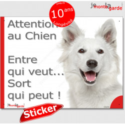 Berger Blanc Suisse, sticker portail humour "Attention au Chien, Entre qui veut, sort qui peut !" photo pancarte autocollant bbs
