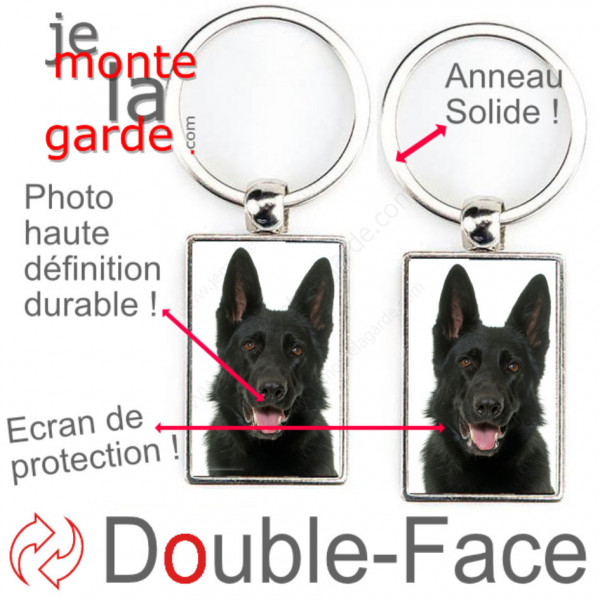 Porte-Clefs métallique double face photo Berger Allemand entièrement noir poils courts, idée cadeau porte clés fer acier