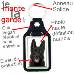Porte-clés en cuir vegan et support en métal, avec la photo de votre Berger Allemand tout noir poils courts, idée cadeau anneau