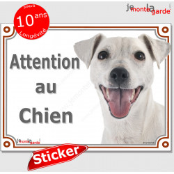 Jack Russell Terrier tout blanc, autocollant "Attention au Chien" Sticker panneau photo adhésif portail entrée boite aux lettres