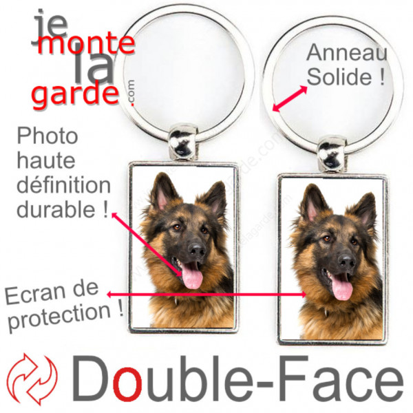 Porte-Clefs métallique double face photo Berger Allemand noir et feu poils longs, idée cadeau porte clés fer acier