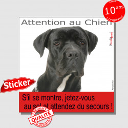 Cane Corso Noir Tête, Sticker humour "Attention au Chien, montre, jetez-vous au sol et attendez secours" autocollant drôle photo