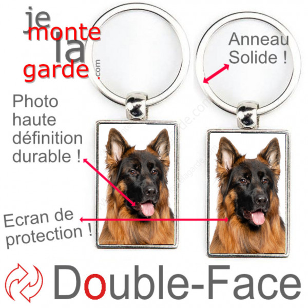 Porte-Clefs métallique double face photo Berger Allemand noir et feu poils longs, idée cadeau porte clés fer acier