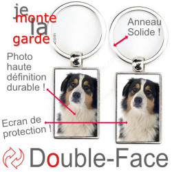 Porte-Clefs métallique double face photo Berger Australien tricolore noir, idée cadeau porte clés fer acier Aussie