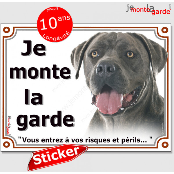 Cane Corso Italiano gris bleu, panneau photo autocollant "Je Monte la Garde", risques périls" Pancarte adhésif sticker