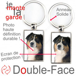 Porte-Clefs métallique double face photo Berger Australien tricolore noir, idée cadeau porte clés fer acier Aussie