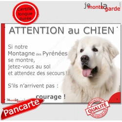 Montagne des Pyrénées tou blanc, plaque portail humour "Attention au Chien, Jetez Vous au Sol" pancarte panneau photo