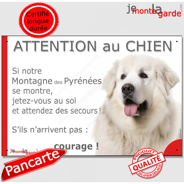Montagne des Pyrénées tou blanc, plaque portail humour "Attention au Chien, Jetez Vous au Sol" pancarte panneau photo